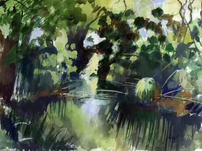 Gouache painting of the River Ciane near Siracusa
