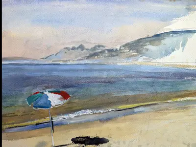Gouache painting of a beach parasol on the French coast