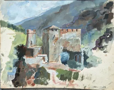Gouache landscape of a donjon in the Cévennes