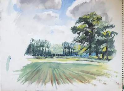 Gouache painting of a field near Conflans-Sainte-Honorine