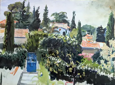 Gouache painting of a garden in Juan-les-Pins