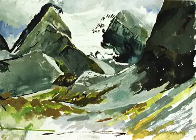 Gouache mountain landscape of La Grande Casse in the Alps
