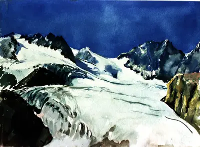 Gouache mountain landscape with glacier in the Vanoise Alps