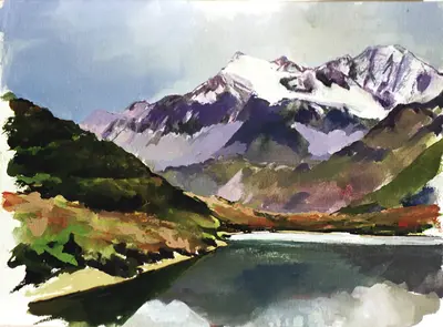 Gouache painting of a mountain lake in the French Alps