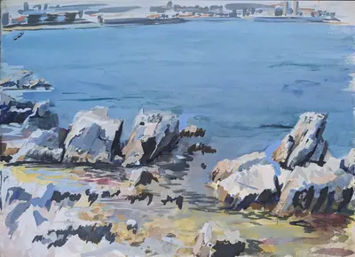 Gouache painting of weathered coastal rocks near Antibes
