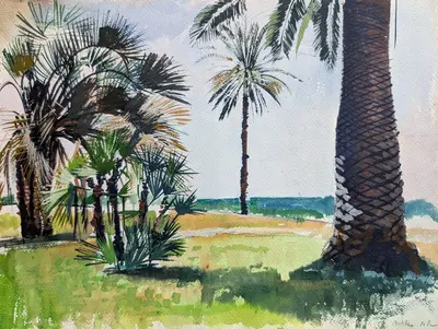 Gouache painting of palm trees in Juan-les-Pins