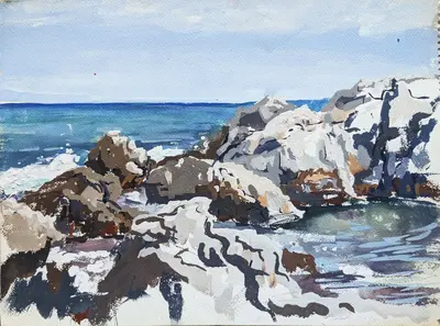 Gouache coastal rocks with sea light near Antibes