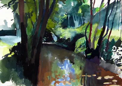 Gouache painting of a small stream in the Lot region