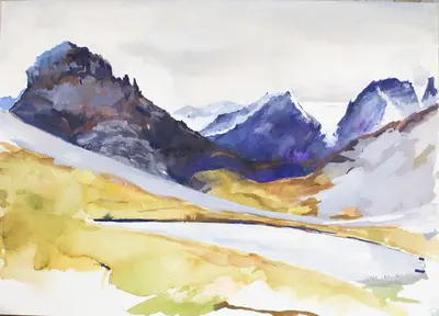 Gouache painting of a lake in the Vanoise Alps