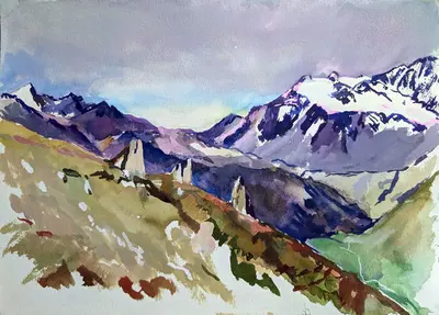 Gouache mountain landscape in the Vanoise Alps