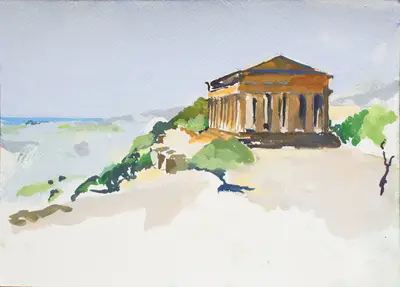 Gouache painting of a Greek temple at Agrigento, Sicily
