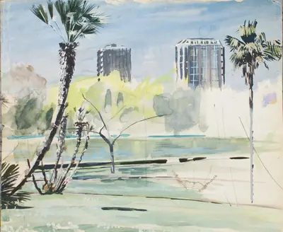 Gouache painting of the EUR gardens in Rome