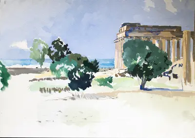Gouache painting of the Greek temple ruins at Selinunte, Sicily