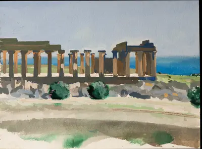 Gouache painting of Selinunte temple with sea view