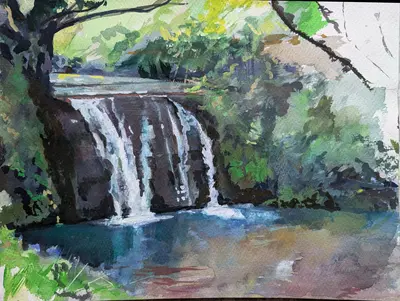 Gouache painting of the Cascatelle Naca Nica near Pioppo