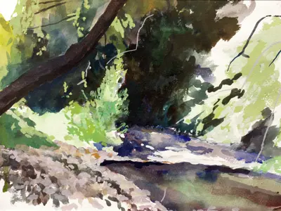 Gouache painting of sunlight over a Sicilian river