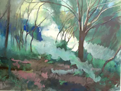 Gouache painting of sunlit woodland in Sicily