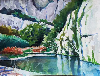 Gouache painting of the Anapo River in Pantalica, Sicily