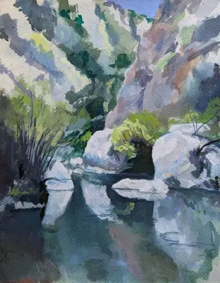Gouache painting of rocks and caverns along the Anapo River