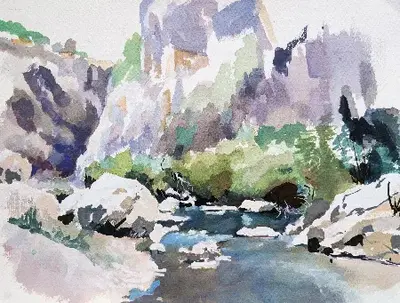 Gouache painting of sacred rocks on the Anapo River