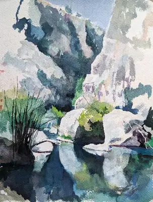 Gouache painting of canyon rocks and reflections in Pantalica