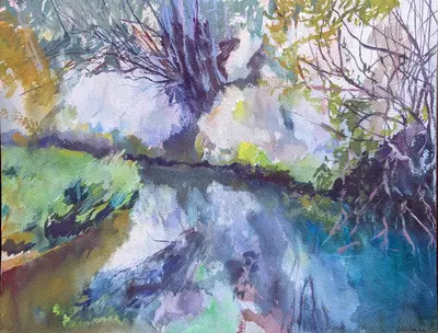 Gouache painting of a bright stream in Pantalica, Sicily