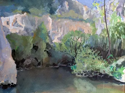 Gouache painting of a shady river by the necropolis in Pantalica