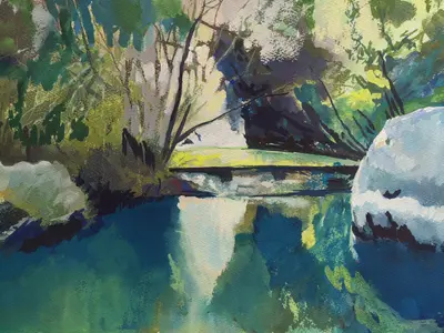 Gouache painting of a silent river in Pantalica, Sicily