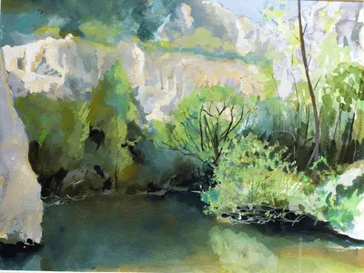 Gouache painting of trees and a rock pool in Pantalica
