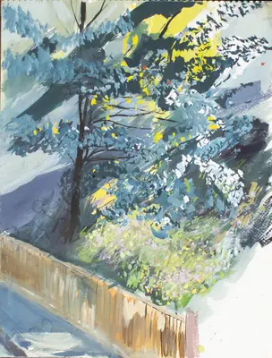 Gouache painting of a suburban garden near Paris seen from above