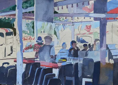 Gouache painting of a Bateau Mouche on the Seine in Paris