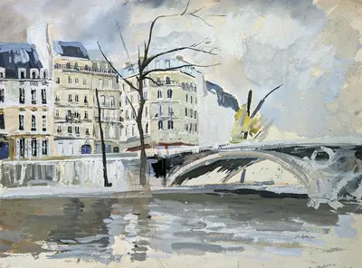 Gouache painting of Île Saint-Louis in Paris