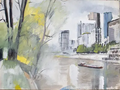 Gouache painting of La Défense and the Seine in Paris