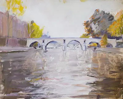 Gouache autumn scene of Pont Marie in Paris
