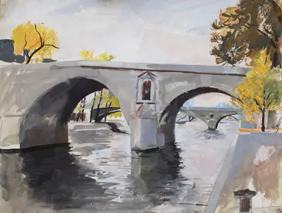 Gouache painting of Pont Marie over the Seine in Paris