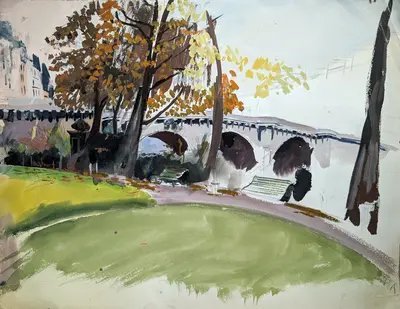 Gouache painting of Pont Neuf and Île de la Cité in Paris