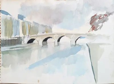 Gouache painting of the Seine with Pont Marie in Paris