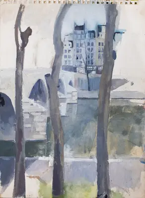 Gouache painting of trees partly hiding Pont Marie in Paris