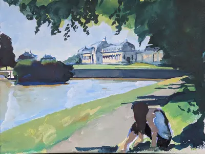 Gouache portrait of a girl reading in Chantilly