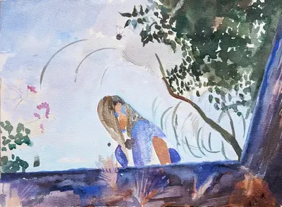 Gouache portrait of a figure looking into a pool