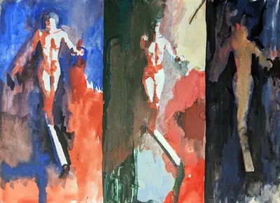 Gouache portrait of Loulou balancing on a tightrope