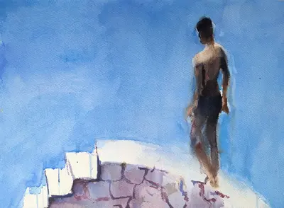 Gouache portrait of a man seated on a sea wall in Taormina