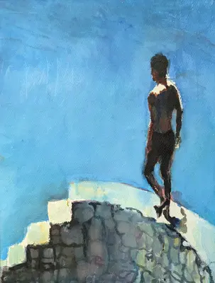 Gouache portrait of a man seated on a wall in Taormina