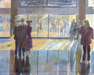 Gouache portrait scene at Roma Termini station