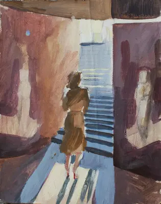 Gouache figure study in a corridor in Rome