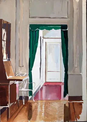 Gouache painting of the corridor in Hotel Viminale, Rome