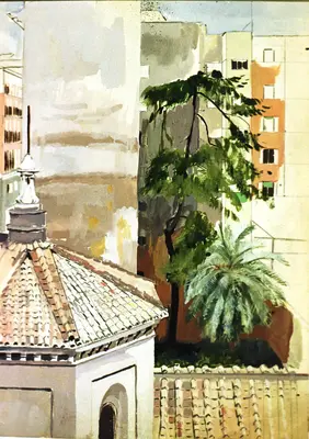Gouache painting of Santa Pudenziana in Rome