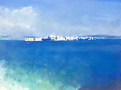 Gouache painting of bright sea with a distant island near Siracusa