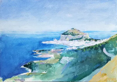 Gouache painting of La Rocca Cefalù in afternoon light