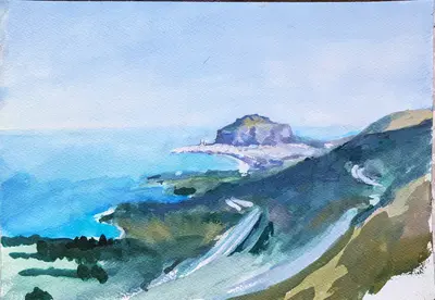 Gouache painting of Cefalù and La Rocca from afar